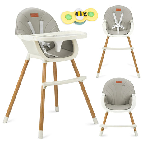 Hochstuhl mit grauem Polster und Holzbeinen, abnehmbarer Tablettplatte