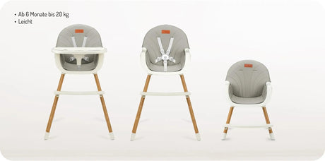 Hochstuhl in Grau mit Holzbeinen, für Babys ab 6 Monaten geeignet
