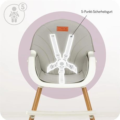 Hochstuhl mit 5-Punkt-Sicherheitsgurt in grauer Polsterung