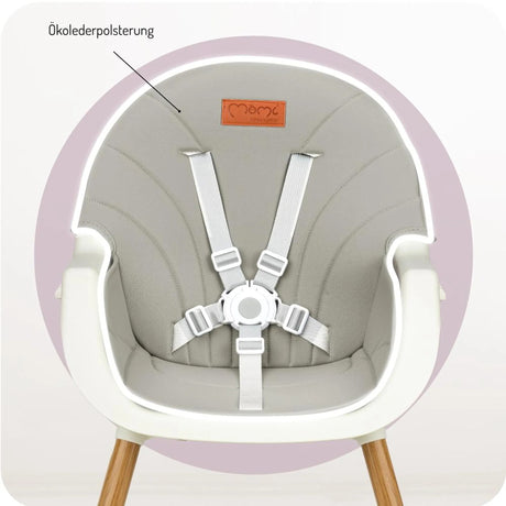 Hochstuhl mit Ökolederpolsterung und Sicherheitsgurt in neutralen Farben