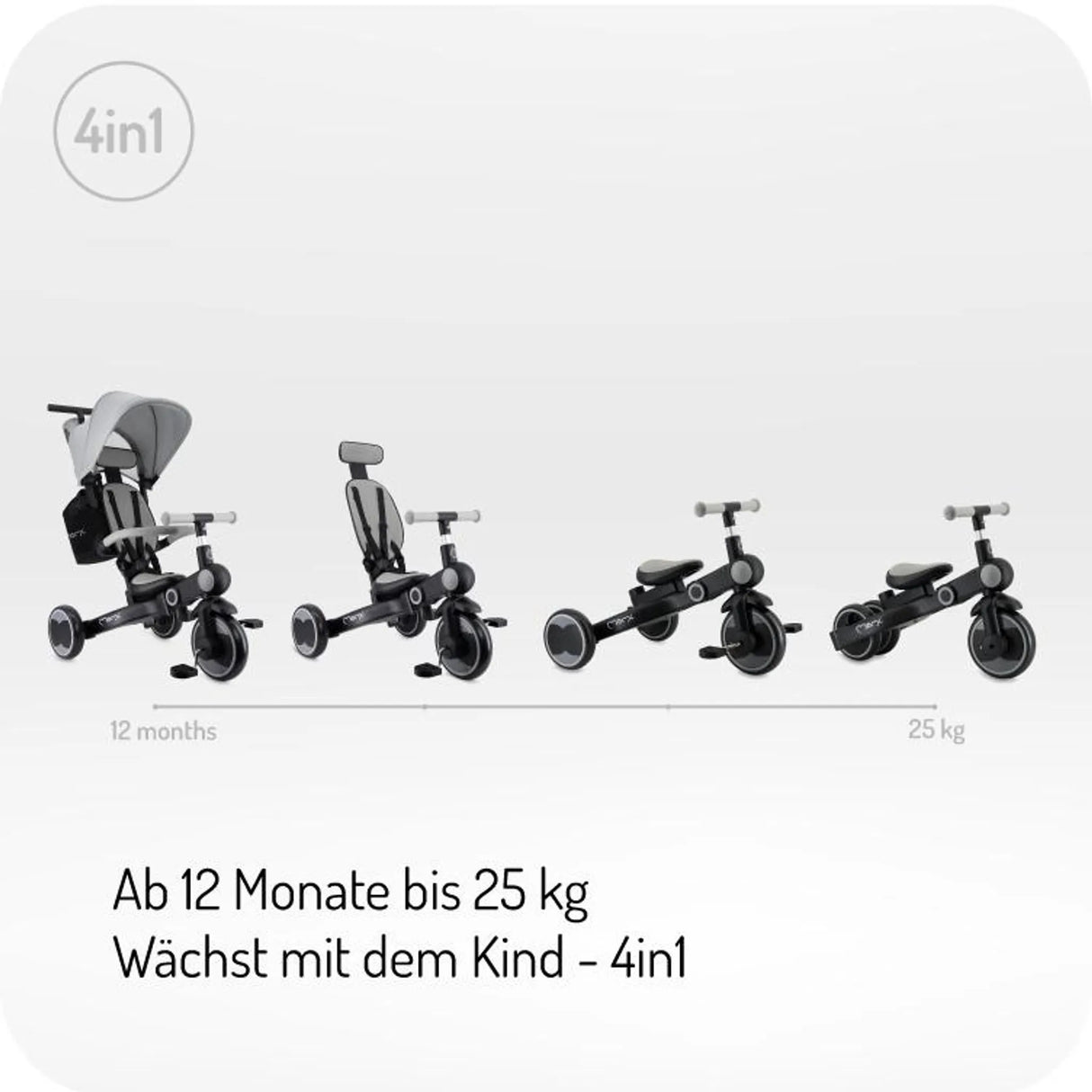4-in-1 Kinderfahrzeug, anpassbar für verschiedene Altersstufen und Gewichte