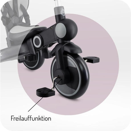 Detailansicht des Vorderrads mit Freilauffunktion für ein Kinderfahrzeug