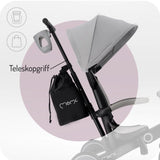 Teleskopgriff und Tasche an einem Kinderwagen in Grau