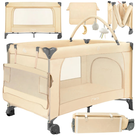 Beige Reisebett mit abnehmbarer Wickelauflage und Spielzeugbogen