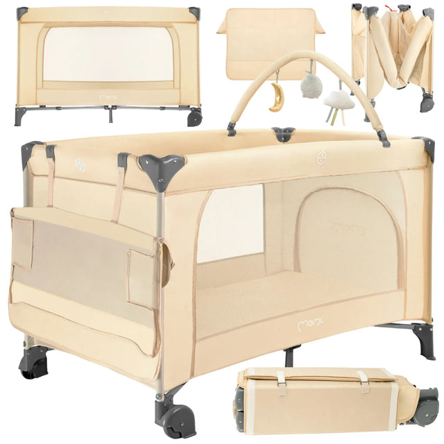 Beige Reisebett mit abnehmbarer Wickelauflage und Spielzeugbogen