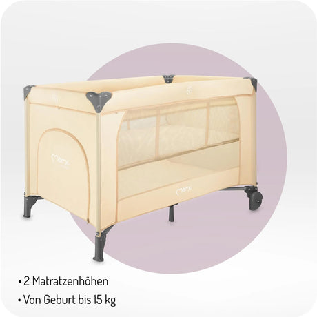 Reisebett in Beige mit zwei Matratzenhöhen und Netzseiten
