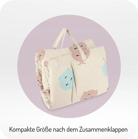 Kompakte, zusammenklappbare Decke mit buntem Tiermotiv