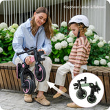 Faltbarer Roller mit klappbarem Lenker und Rahmen, genutzt von Mutter und Kind
