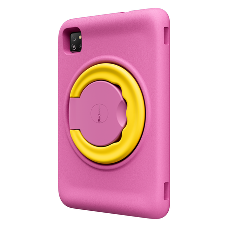 Blackview Tab A6 Kids – seitliche Rückansicht mit drehbarem Haltering in Pink und Gelb
