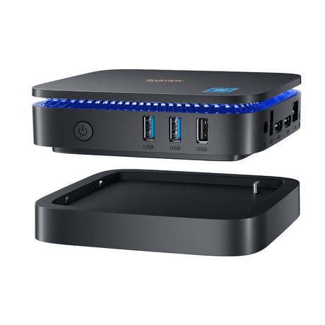 Blackview MP60 Mini PC – Darstellung mit abgenommener VESA-Halterung, USB-Ports und Anschlüssen sichtbar