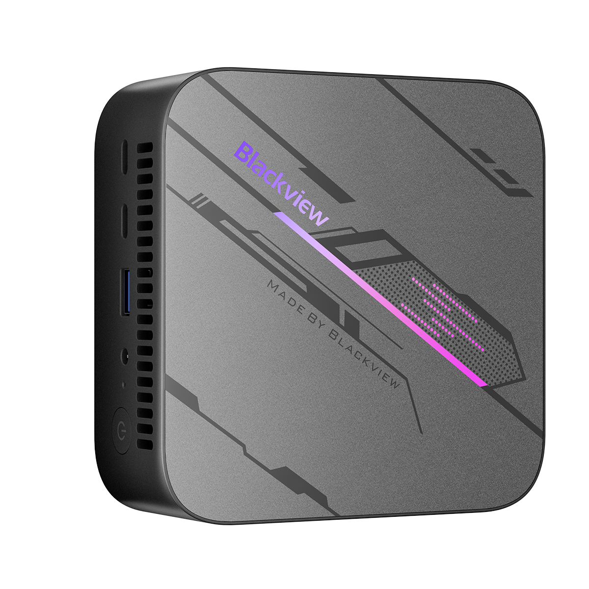 Blackview MP100 Mini PC – Draufsicht von schräg oben, zeigt das stilvolle Gehäuse mit RGB-beleuchtetem Logo