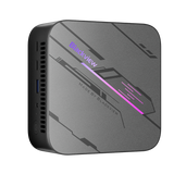 Blackview MP100 Mini PC – Draufsicht von schräg oben, zeigt das stilvolle Gehäuse mit RGB-beleuchtetem Logo
