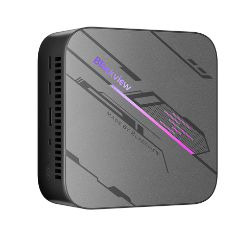 Blackview MP100 Mini PC – Draufsicht von schräg oben, zeigt das stilvolle Gehäuse mit RGB-beleuchtetem Logo
