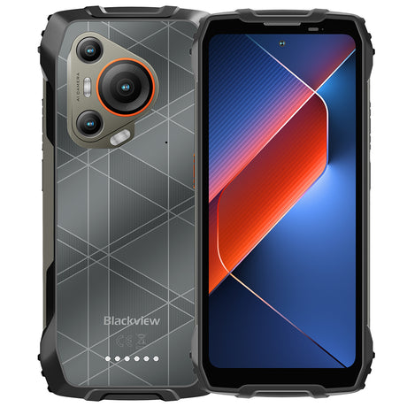 Blackview BL7000 Outdoor Smartphone – Rückseite und Vorderseite frontal leicht überlappend und buntem Dispaly frontal