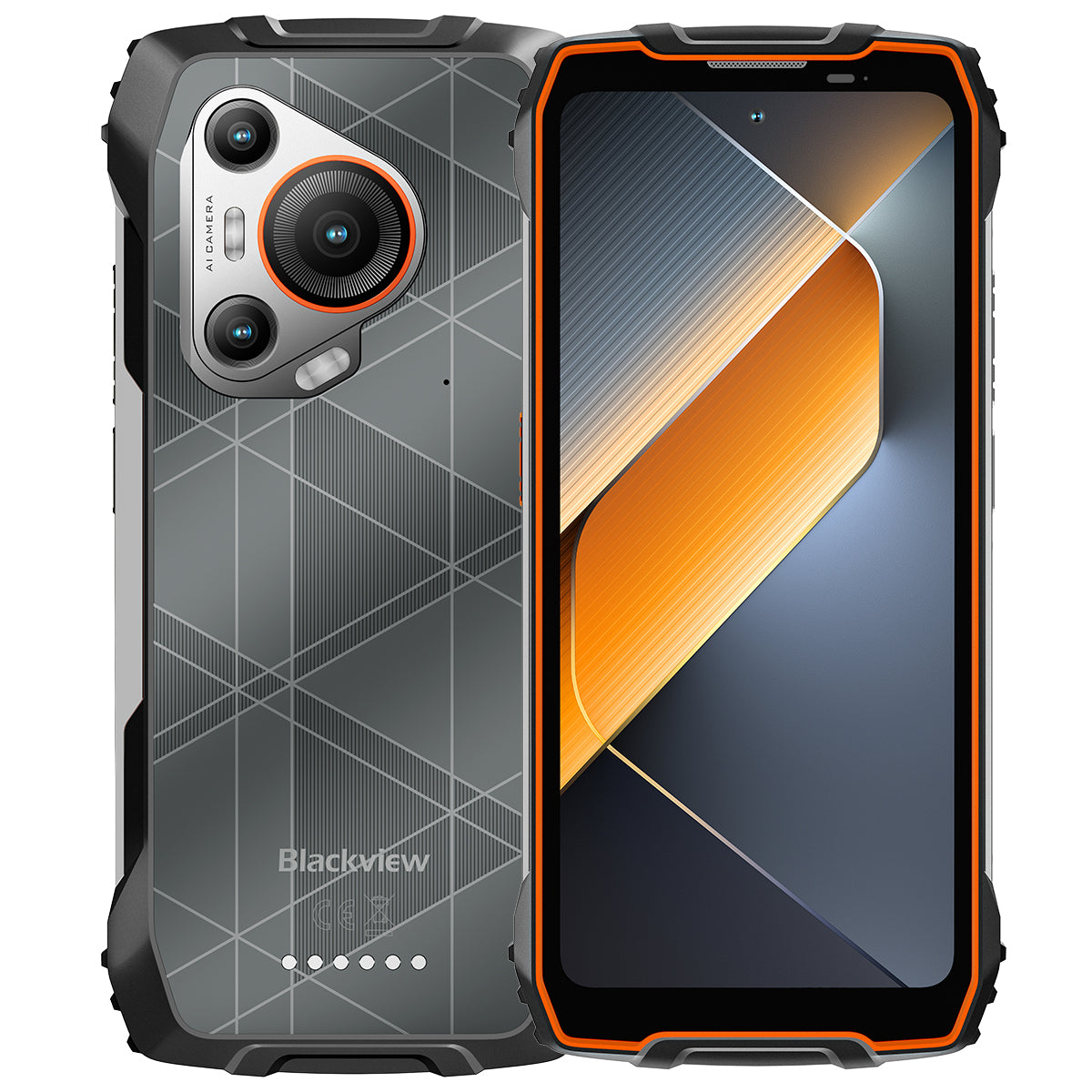 Blackview BL7000 Outdoor Smartphone – Rückseite und Vorderseite frontal leicht überlappend und buntem Dispaly frontal