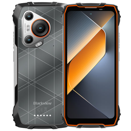 Blackview BL7000 Outdoor Smartphone – Rückseite und Vorderseite frontal leicht überlappend und buntem Dispaly frontal