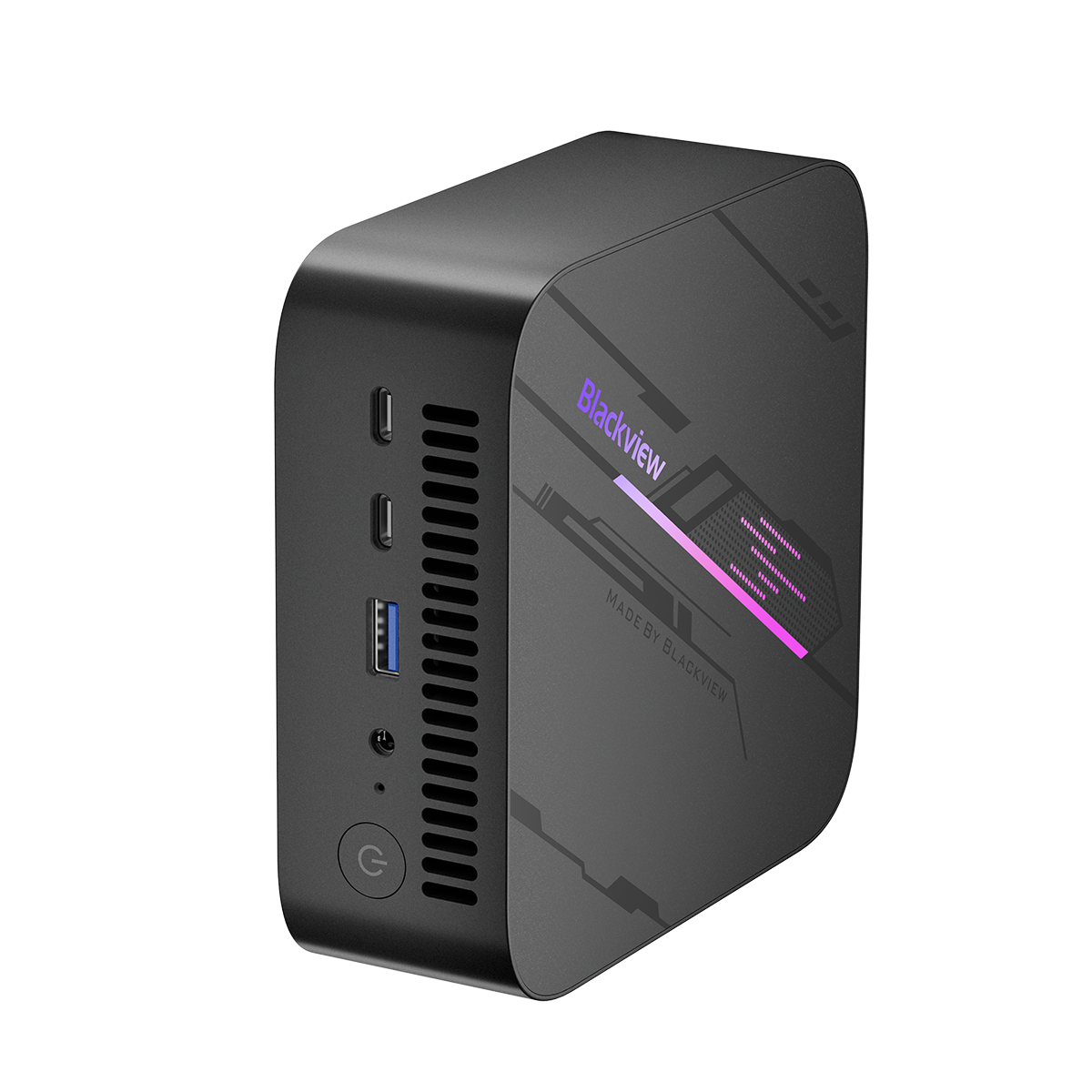 Blackview MP100 Mini PC – Hochkant aufgestellt, seitliche Ansicht mit Ports und Lüftungsschlitzen, modernes schwarzes Design