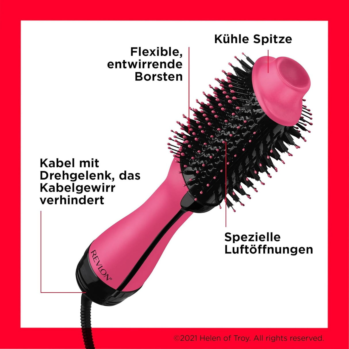 Nahaufnahme des Bürstenkopfes mit flexiblen, entwirrenden Borsten mit Kübels pitzen und speziellen Luftöffnungen. Das Kabel hat ein Drehgelenk
