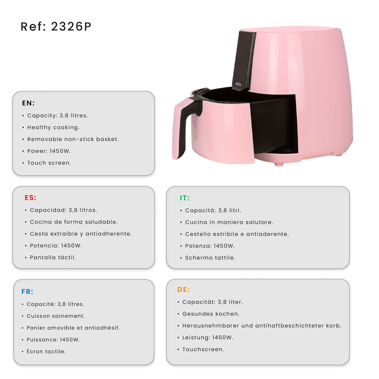 Jocca Heißluftfritteuse 3,8L 1450W Airfryer LED Touch 8 Programme fettarm Rosa