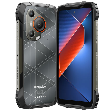 Blackview BL7000 Outdoor Smartphone – Rückseite und Vorderseite frontal leicht überlappend und buntem Dispaly in Seitenansicht