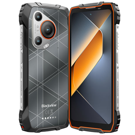 Blackview BL7000 Outdoor Smartphone – Rückseite und Vorderseite frontal leicht überlappend und buntem Dispaly in Seitenansicht