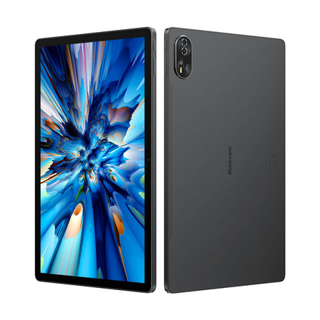 Blackview Mega 8 Tablette schwarz Rückseite und Vorderseite frontal und buntem Dispaly