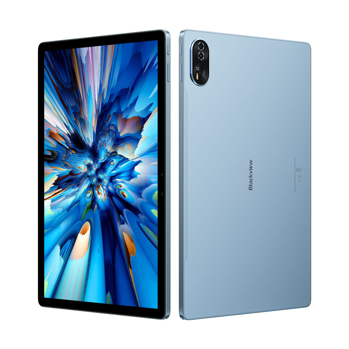 Blackview Mega 8 Tablette blau Rückseite und Vorderseite frontal und buntem Dispaly