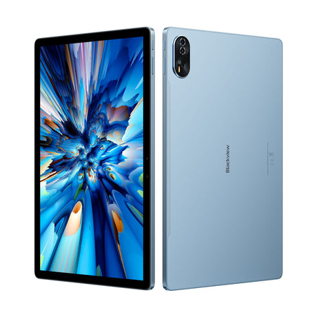 Blackview Mega 8 Tablette blau Rückseite und Vorderseite frontal und buntem Dispaly