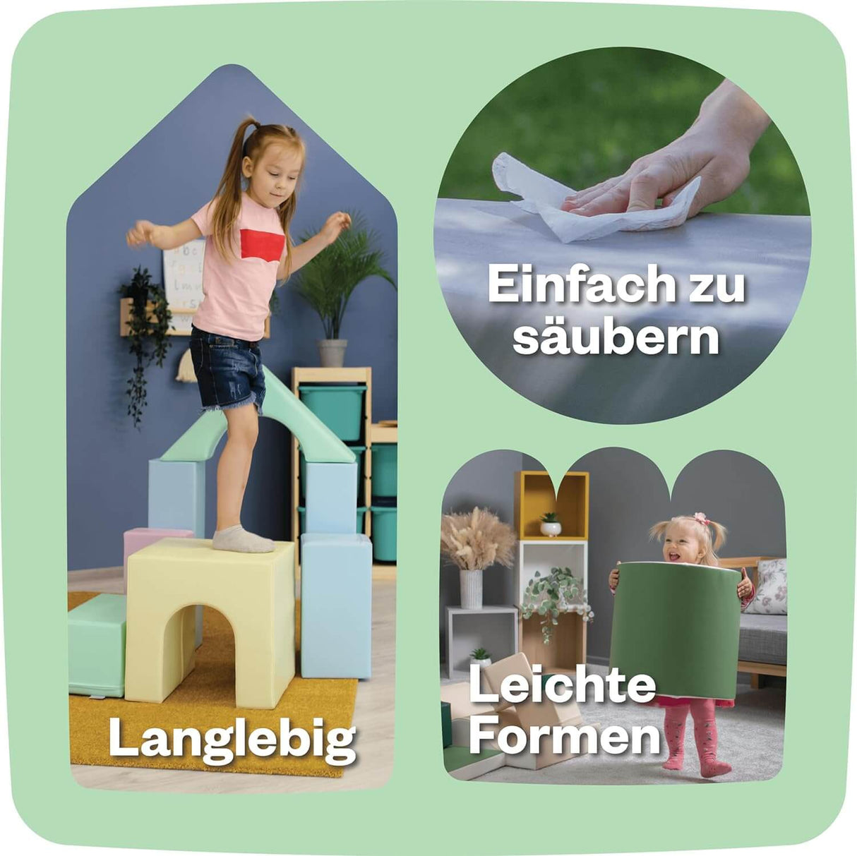 Kind sitzt auf buntem Spielblock mit verschiedenen Formen und Texturen