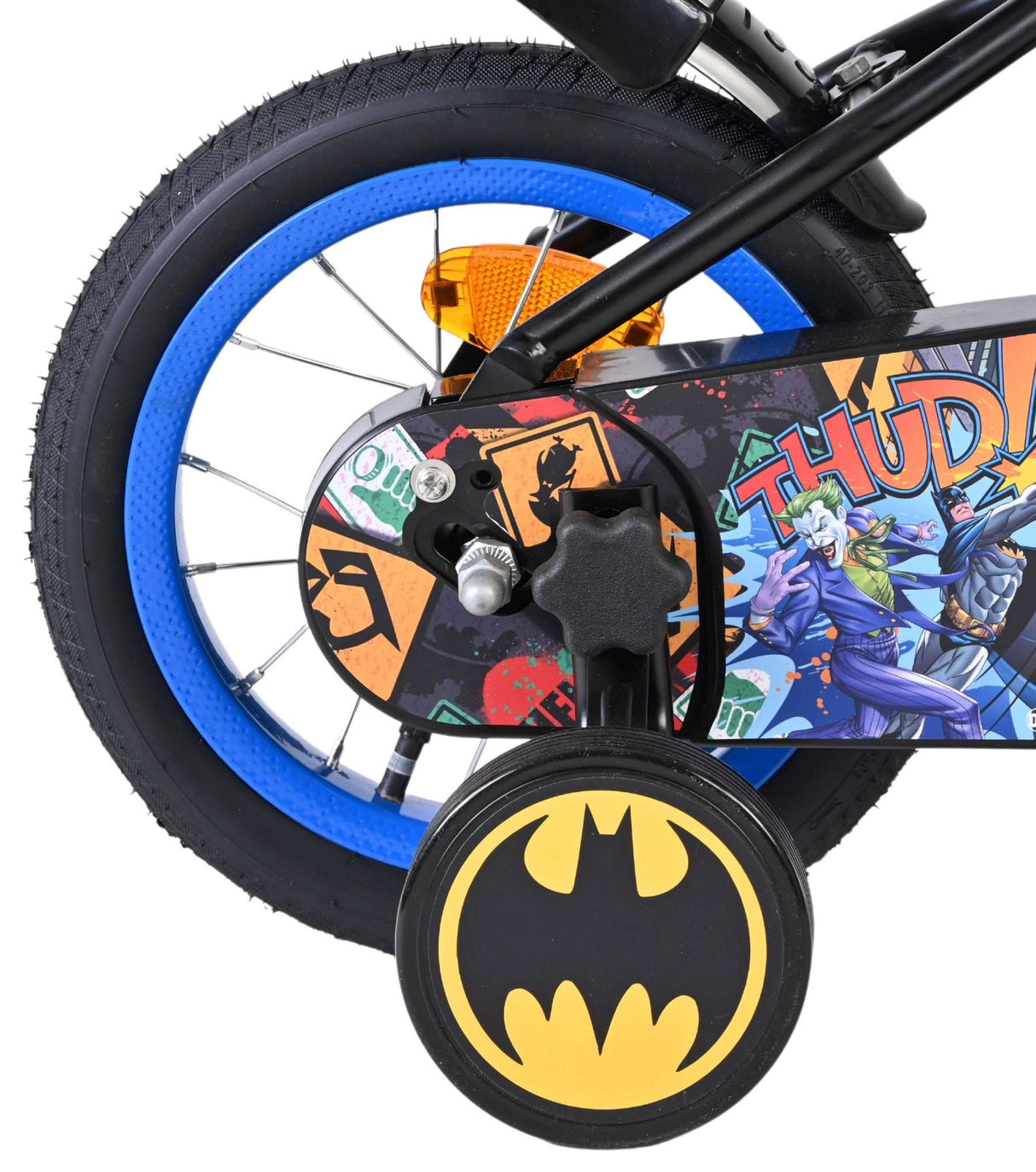 Buntes Kinderfahrrad mit Batman-Motiv und Stützrädern in Blau und Schwarz