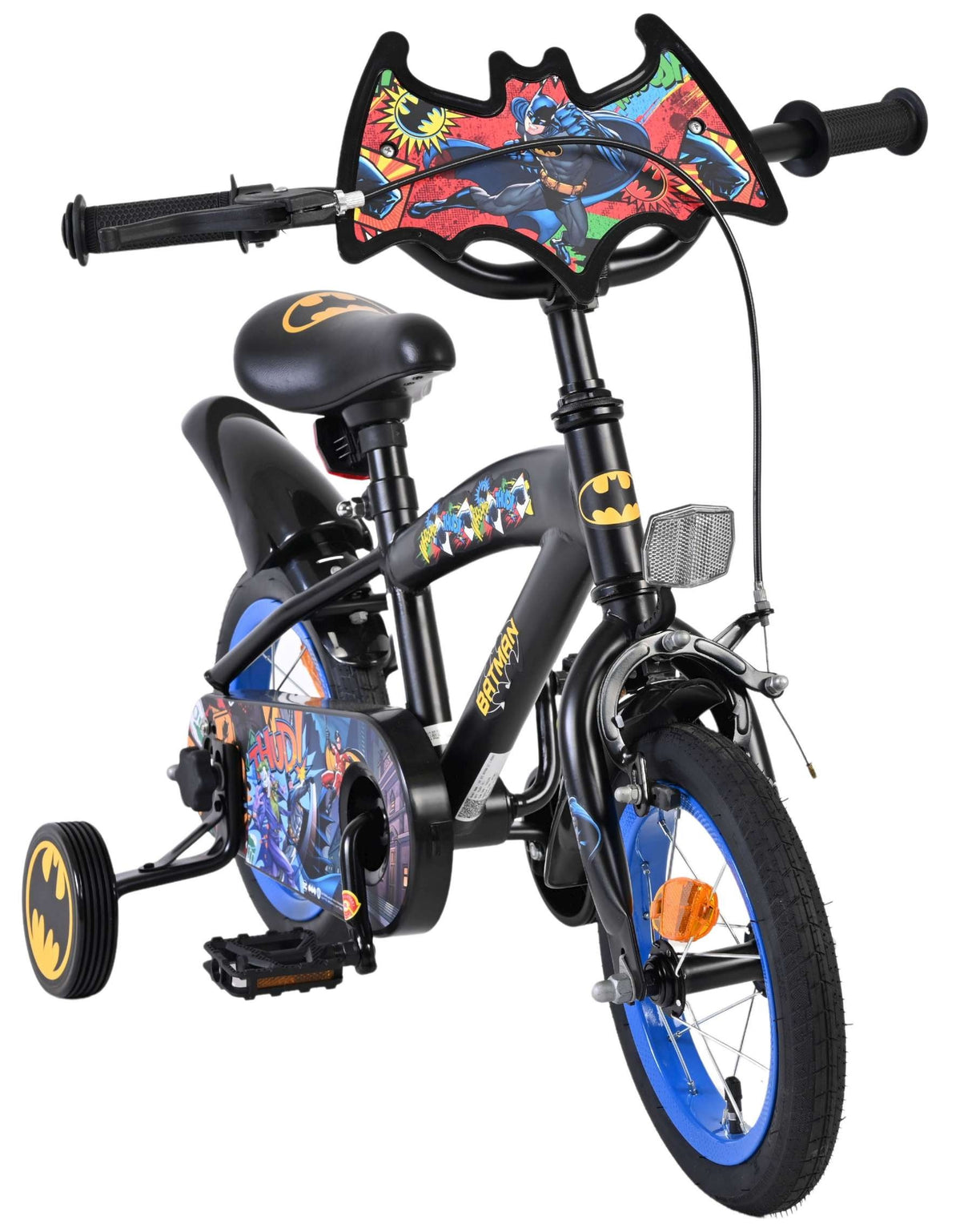 Schwarzes Kinderfahrrad mit Batman-Motiv und Stützrädern