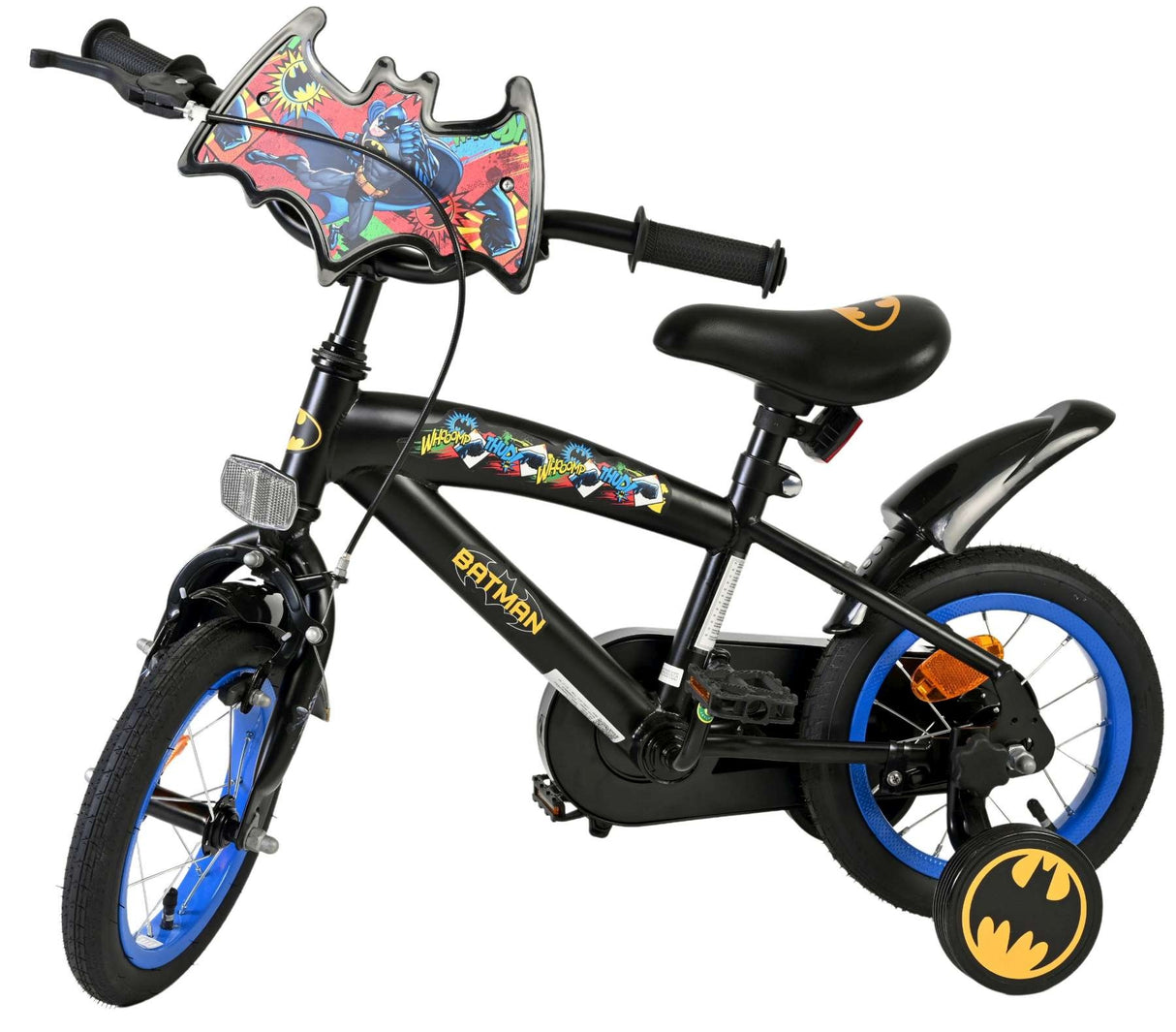 Schwarzes Kinderfahrrad mit Batman-Motiv und stabilen Trainingsträdern