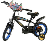 Schwarzes Kinderfahrrad mit Batman-Motiv und stabilen Trainingsträdern