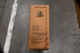 Braune Kartonverpackung mit Produktinformationen und Abmessungen auf der Oberseite