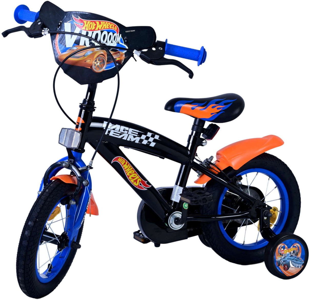 Kinderfahrrad in Schwarz und Orange mit Rennmotiven und Stützrad
