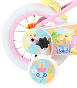 Buntes Kinderfahrrad mit Charaktermotiven und pinken Akzenten