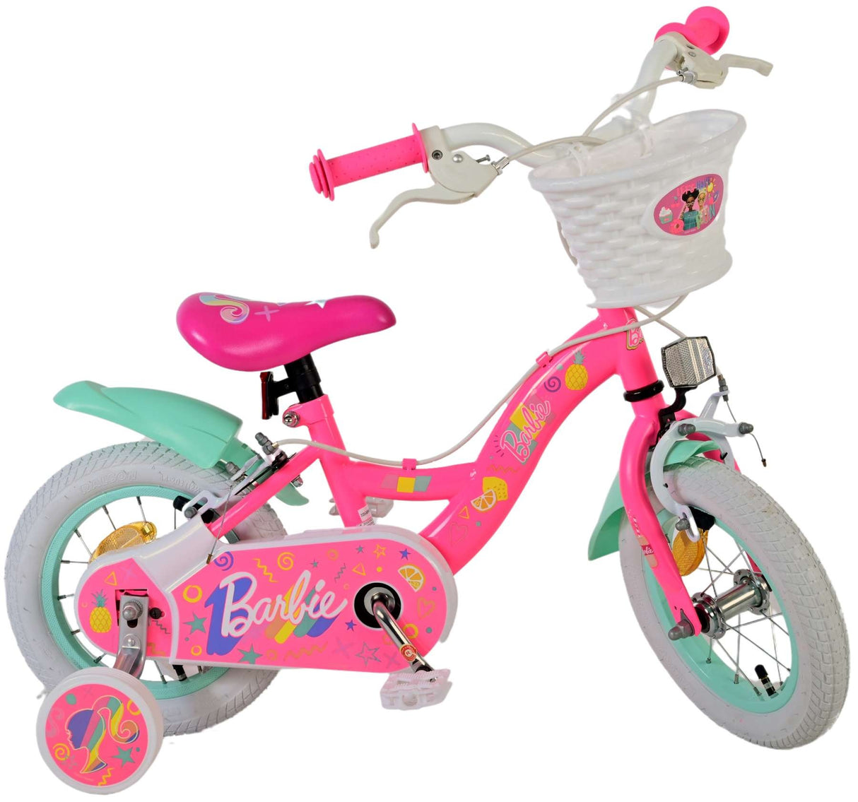 Rosa Kinderfahrrad mit Barbie-Motiven und Korb vorne