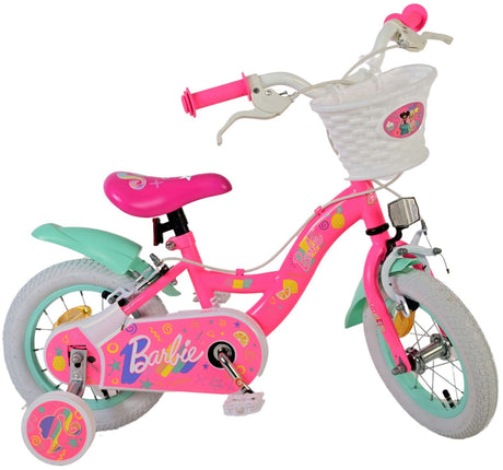 Rosa Kinderfahrrad mit Barbie-Motiven und Korb vorne