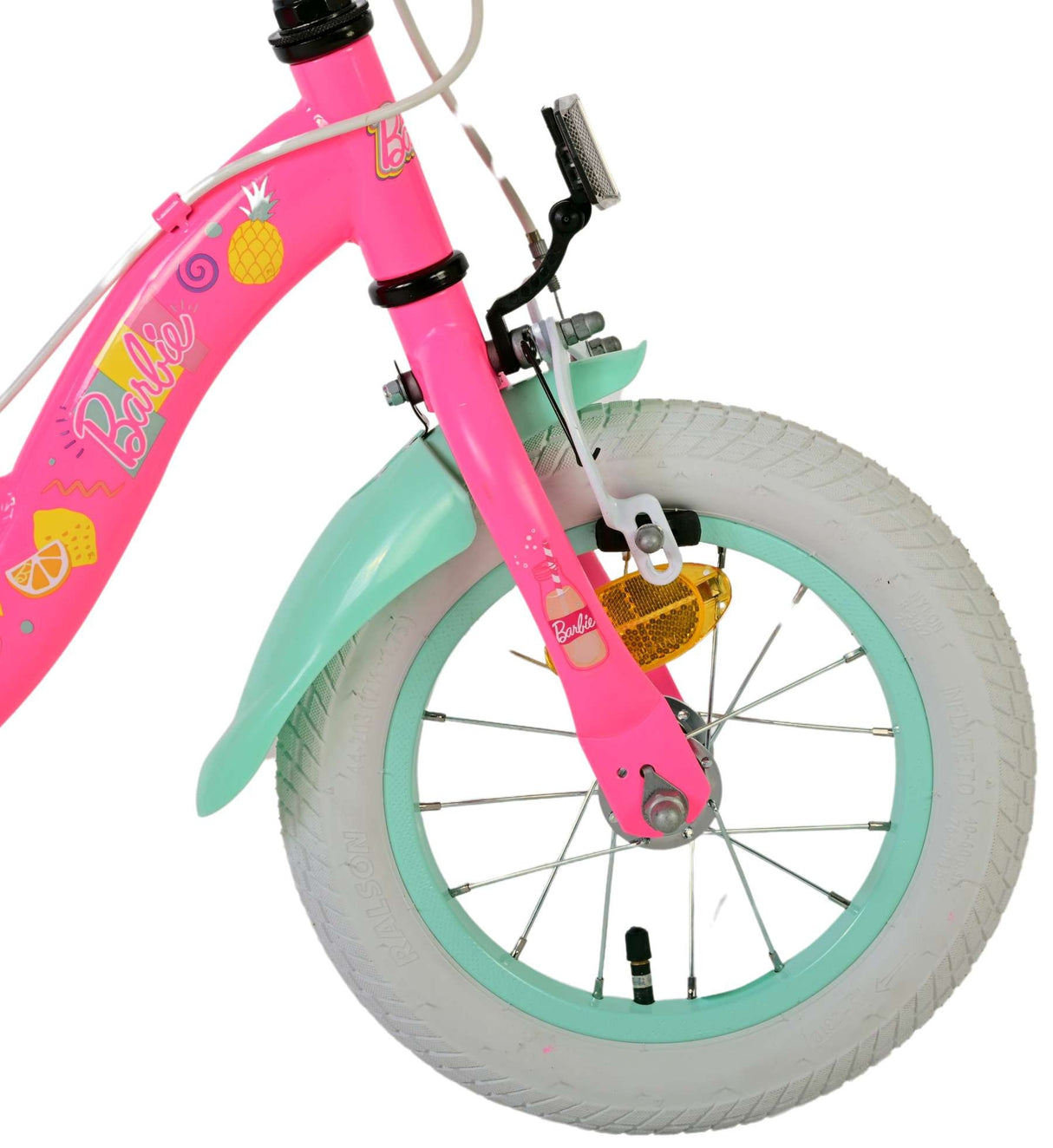 Pinkes Kinderfahrrad mit weißen Reifen und bunten Motiven