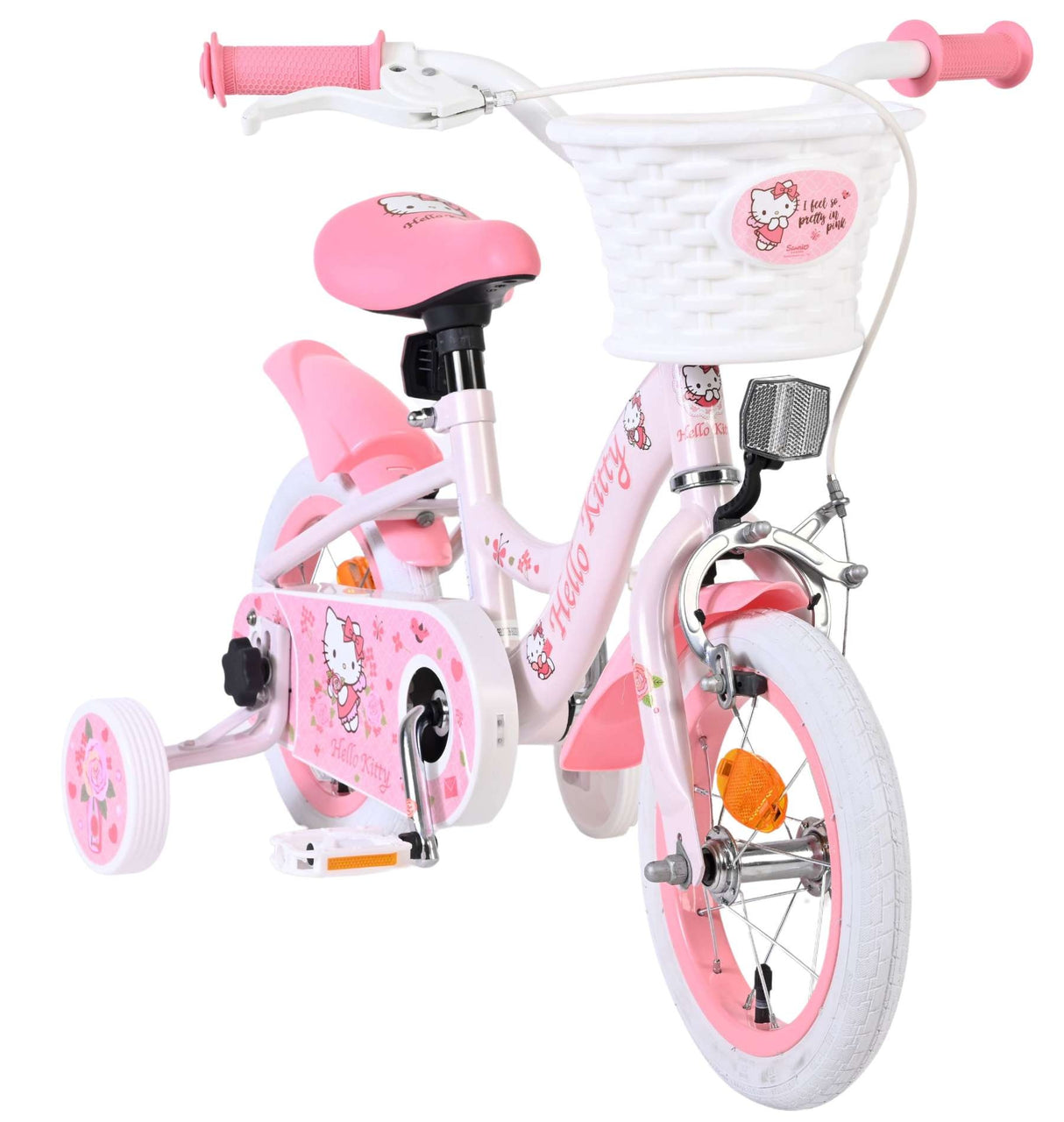 Rosa Kinderfahrrad mit Hello Kitty Design und Korb vorne
