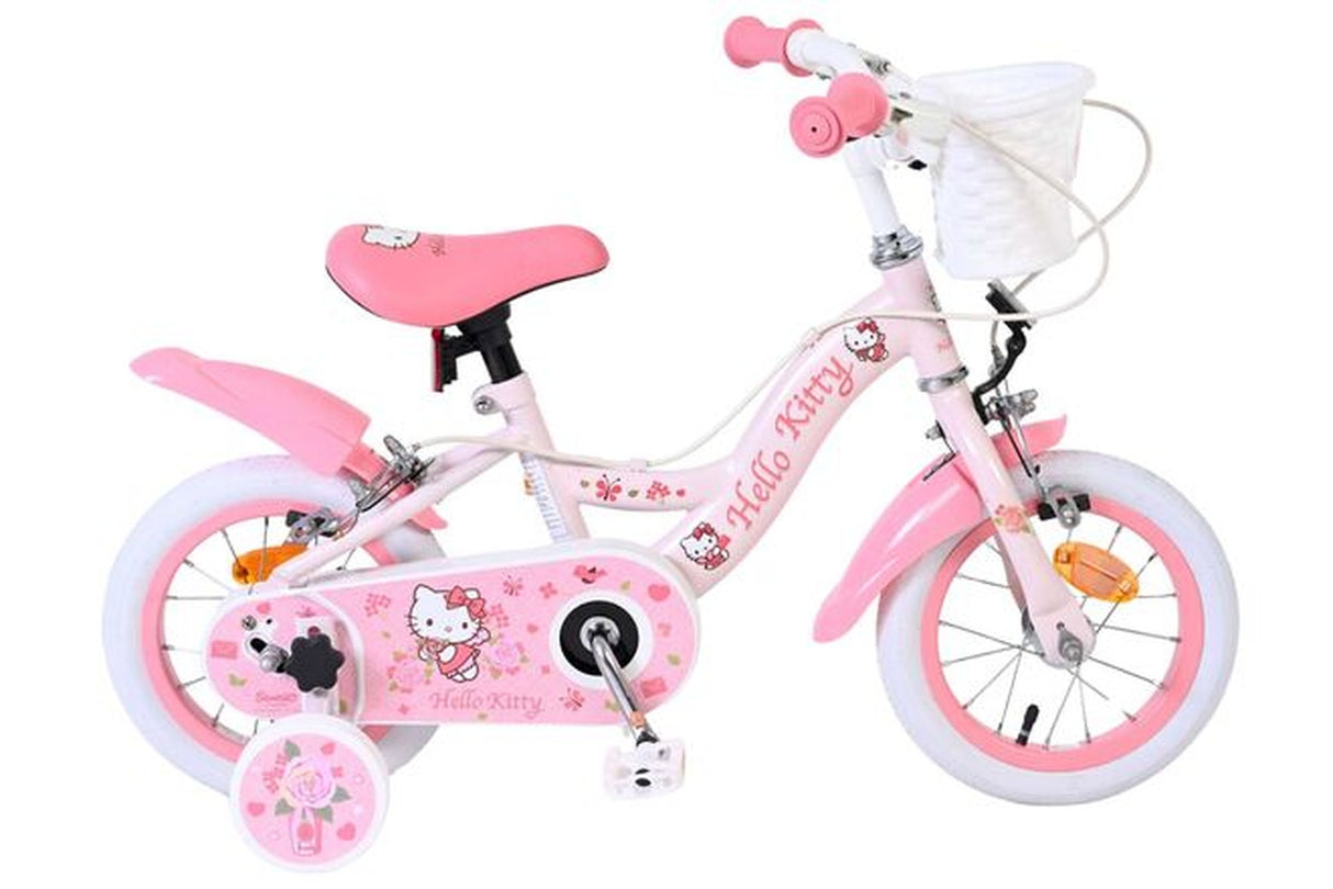 Rosa Kinderfahrrad mit Hello Kitty Motiven und Korb vorne