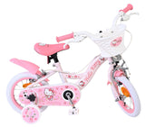 Rosa Kinderfahrrad mit Hello Kitty-Motiv und Korb vorne