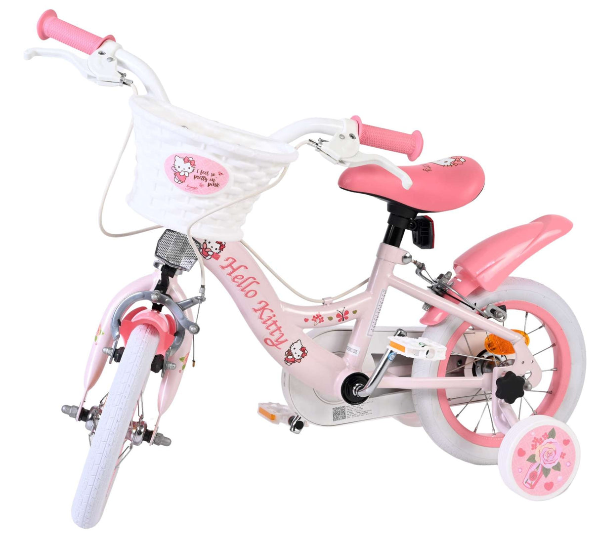 Rosa Kinderfahrrad mit Hello Kitty Design und Korb vorne