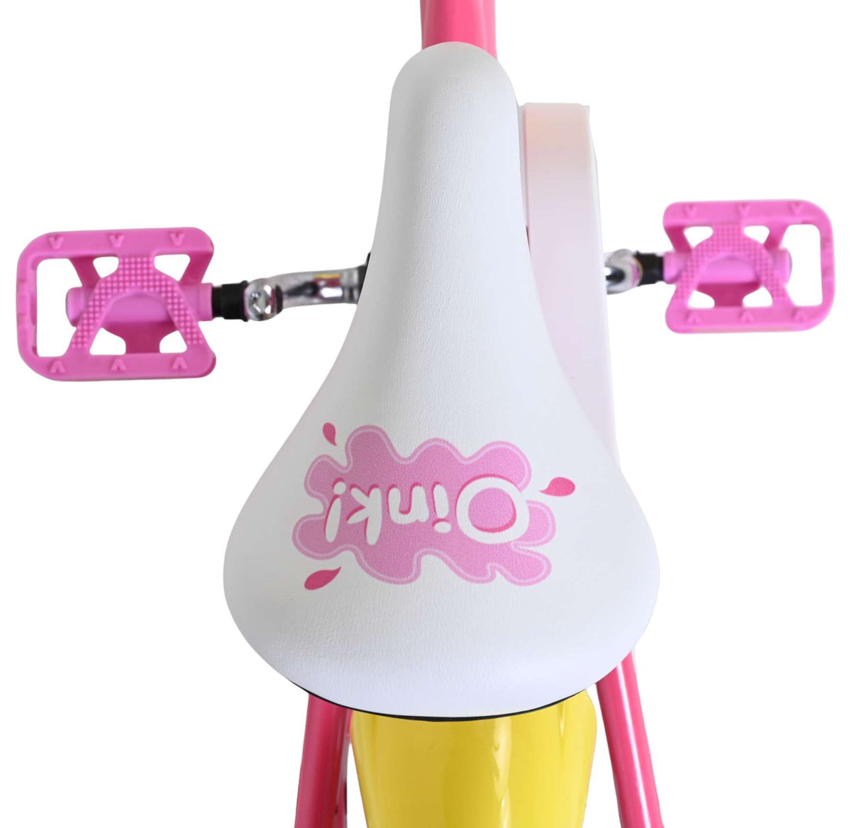 Weißer Fahrradsattel mit pinkem Logo und gelbem Rahmen