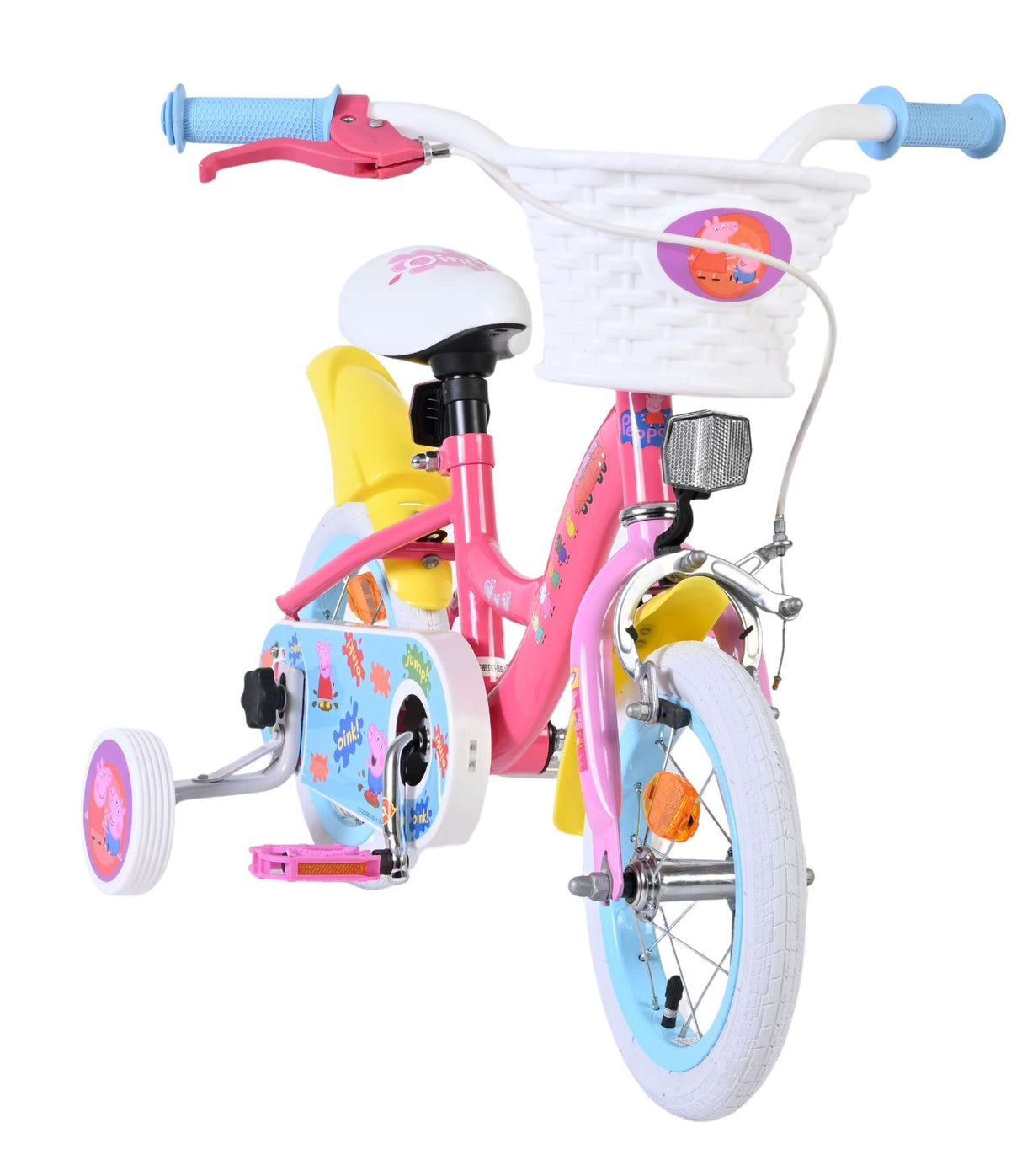 Rosa Kinderfahrrad mit Korb, Stützrädern und buntem Design