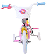 Kinderfahrrad mit Korb, pinken und gelben Farben, stabilen Stützrädern
