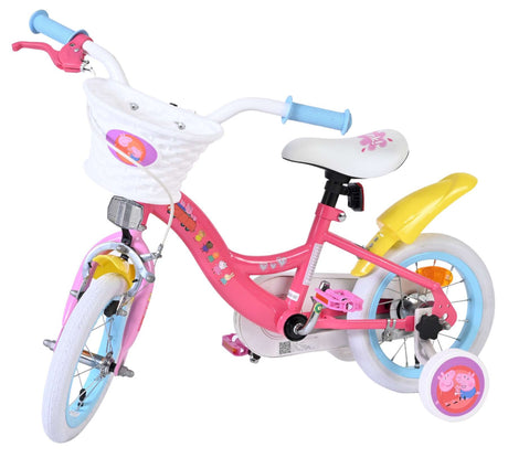Rosa Kinderfahrrad mit Korb, Stützrädern und Peppa Wutz Design