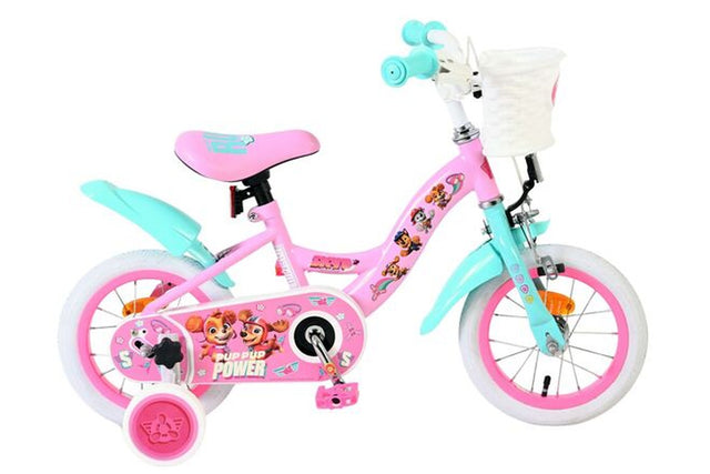 Rosa Kinderfahrrad mit weißem Korb Power Up Seitenansicht