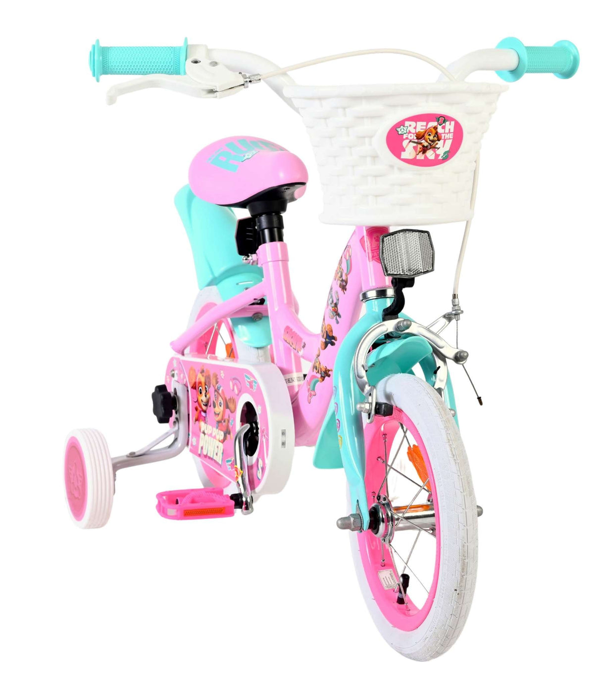 Kinderfahrrad in Pink und Blau mit Korb und buntem Design