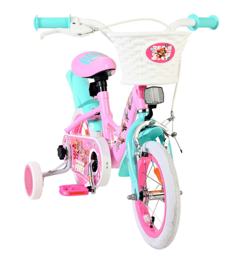 Kinderfahrrad in Pink und Blau mit Korb und buntem Design